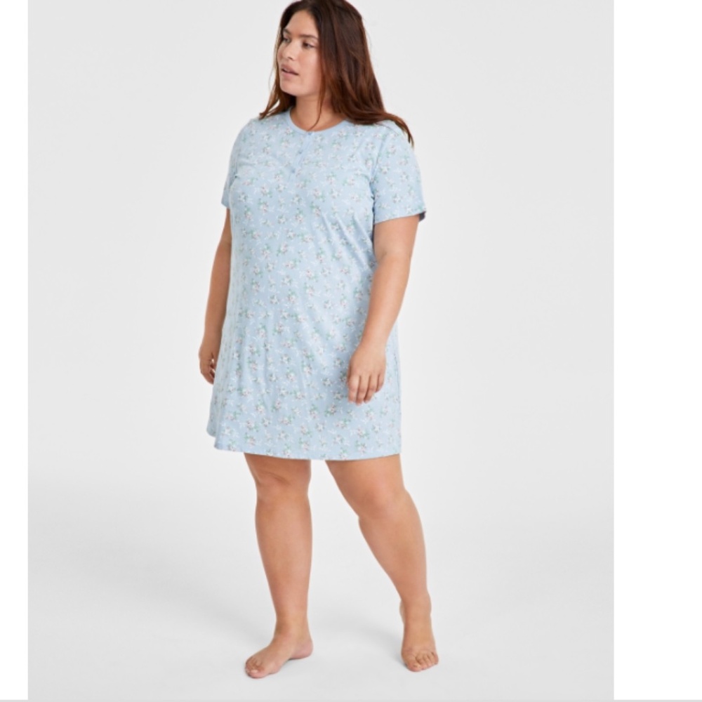 Charter Club Plus Size Cotton Ditsy Floral Henley Sleepshirt
